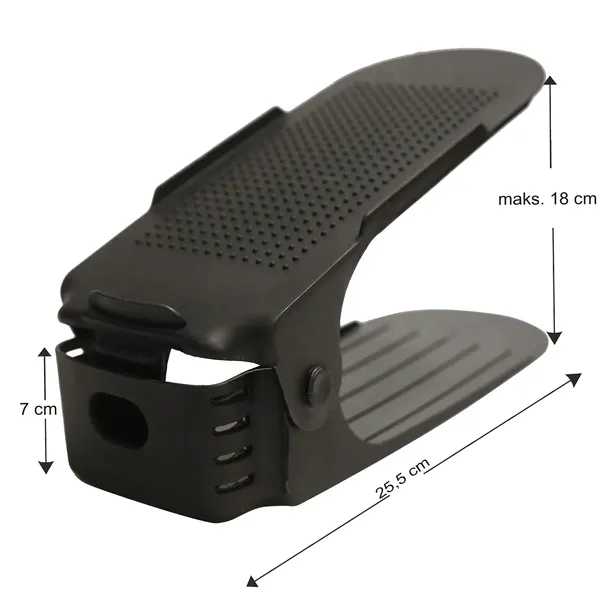 Rysunek wymiarowy organizera: 25,5 cm długości, 7 cm w pozycji najniższej, maksymalnie 18 cm